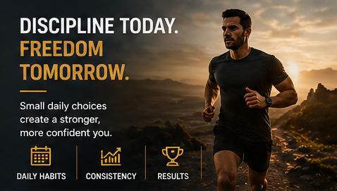 Man running outdoors at sunrise with message about discipline and daily choices